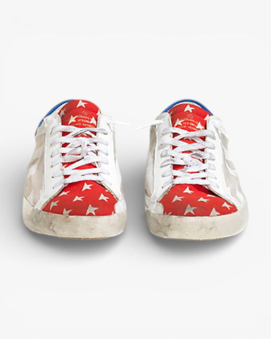 Golden Goose Super Star Canvas Sneakers Printed Leather Star Natural Canvas Flag