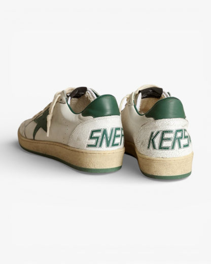 Golden Goose Ball Star White Leather Sneakers with Green Star