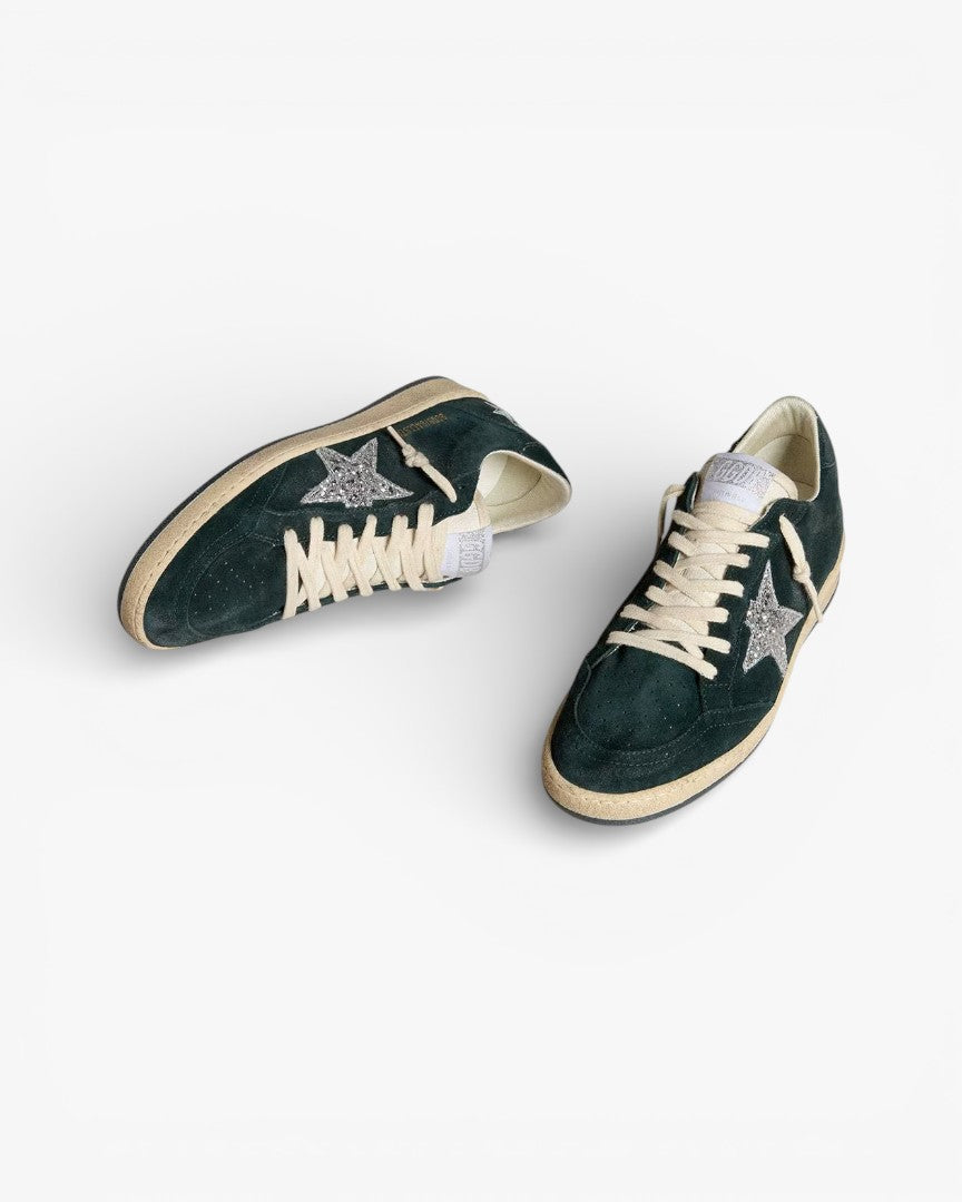 Golden Goose Ball Star Green Suede Sneakers with Silver Glitter Star