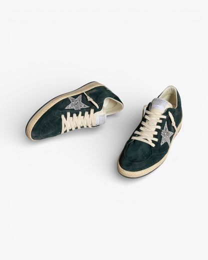 Golden Goose Ball Star Green Suede Sneakers with Silver Glitter Star