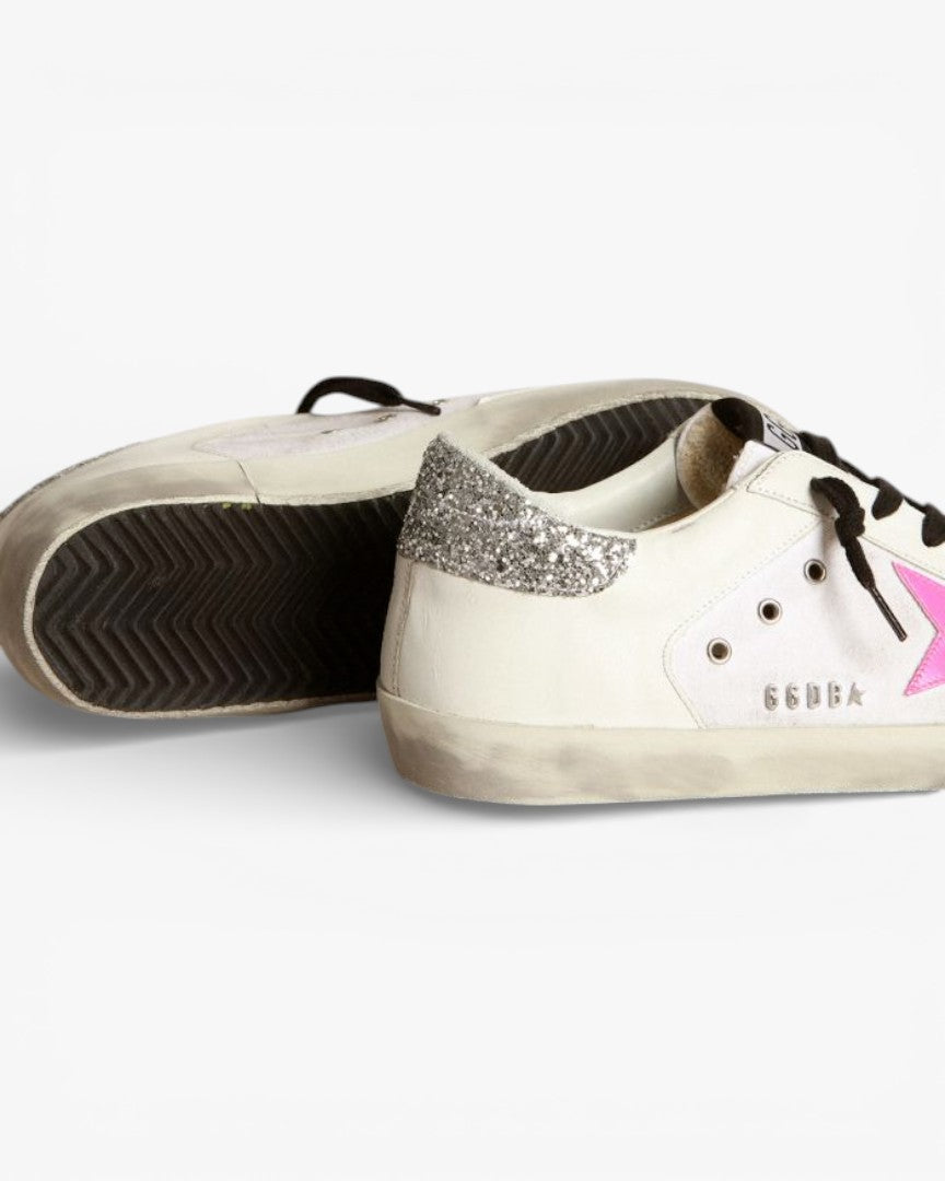 Golden Goose Super‑Star Sneakers White Leather Canvas Pink Star Silver Glitter Heel