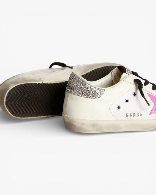 Golden Goose Super‑Star Sneakers White Leather Canvas Pink Star Silver Glitter Heel