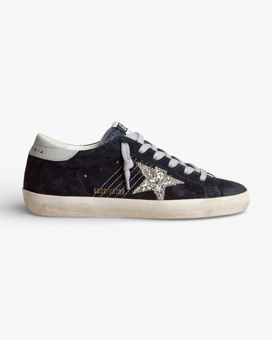 Golden Goose Women’s Super-Star Blue Suede Silver Glitter Star Leather Heel Tab
