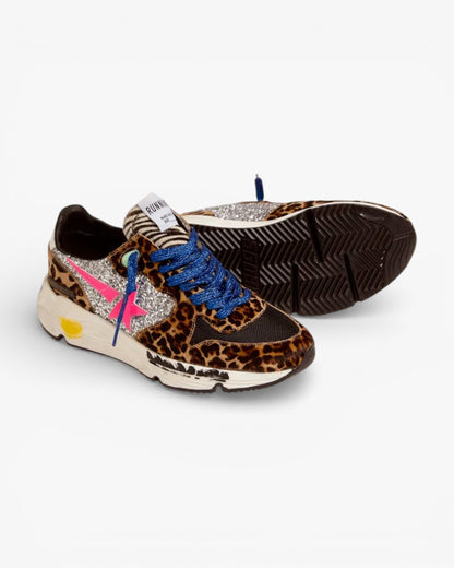 Golden Goose Running Sole Sneakers Leopard-Print Pony Skin Glitter Inserts