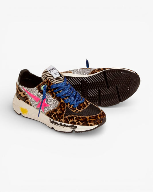 Golden Goose Running Sole Sneakers Leopard-Print Pony Skin Glitter Inserts