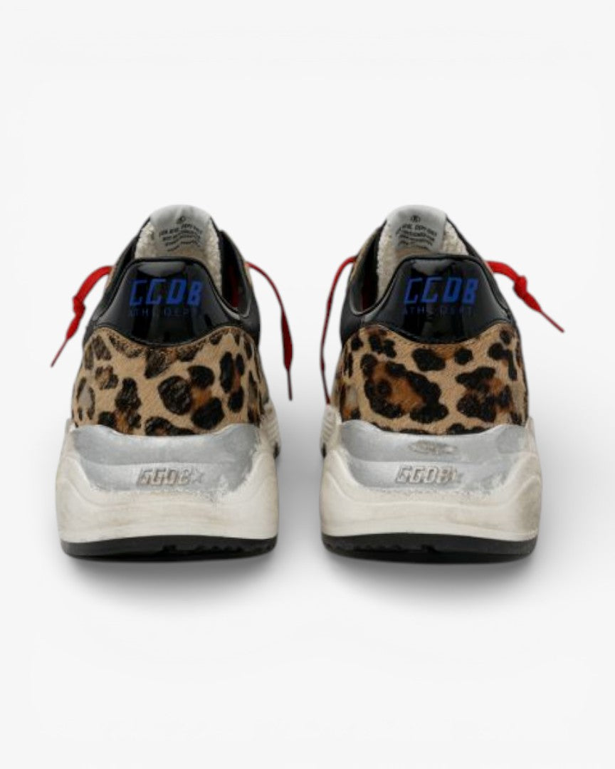 Golden Goose Running Sole Sneakers Leopard-Print Pony Skin Red Laces