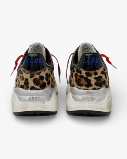 Golden Goose Running Sole Sneakers Leopard-Print Pony Skin Red Laces