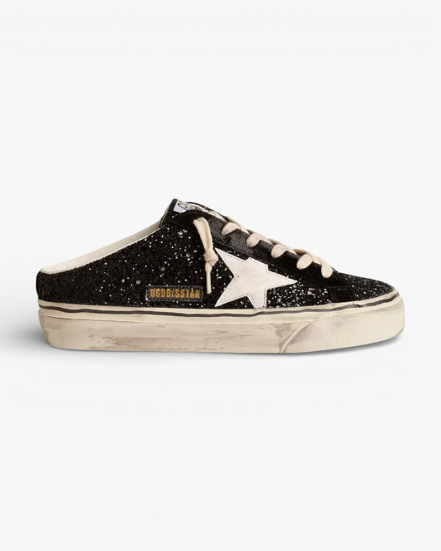 Golden Goose Super-Star Sabots Black Glitter White Bio-Based Star