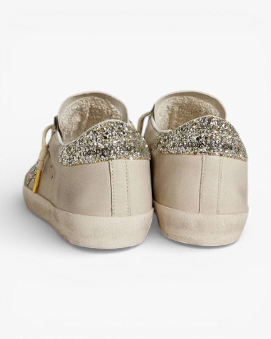 Golden Goose Women’s Super-Star LTD Ivory Nappa Leather Platinum Glitter Star Heel Tab