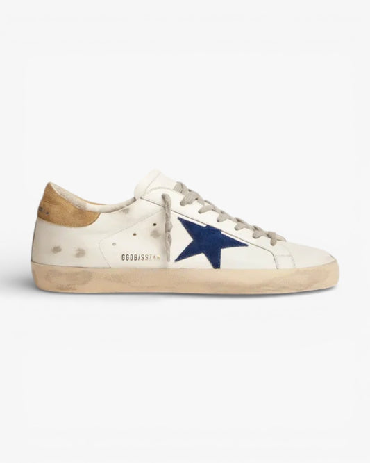 Golden Goose Super-Star Sneakers with Sand Suede Heel Tab and Blue Suede Star