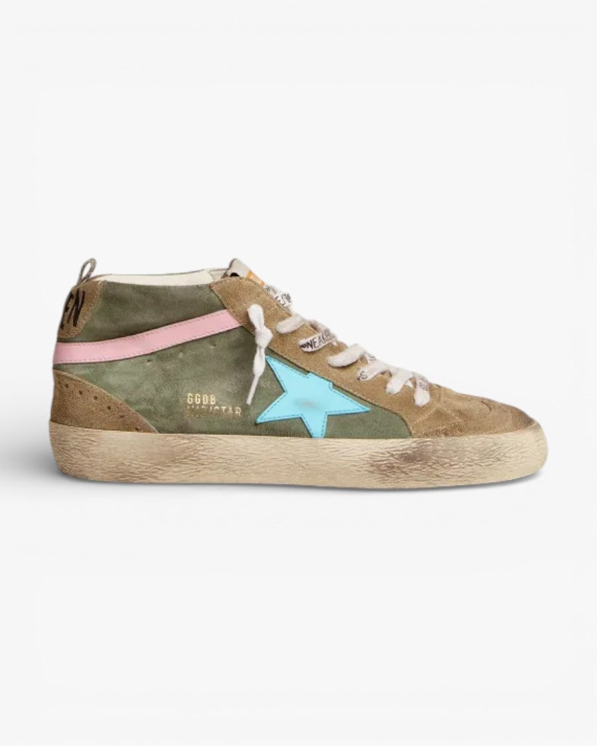 Golden Goose Mid Star LTD Sneakers Military Green Suede Sky-Blue Leather Star Pink Leather Flash