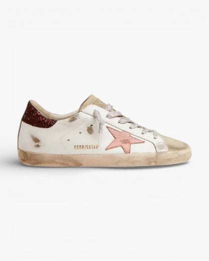 Golden Goose Super‑Star Sneakers Brown Glitter Heel Pink Crackled Star