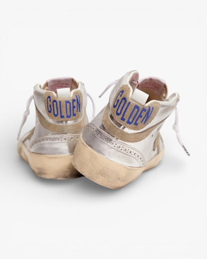 Golden Goose Mid Star Sneakers Silver Metallic Leather Dove-Gray Suede Star Flash