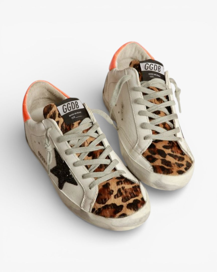 Golden Goose Super‑Star Sneakers Leopard Print Glittery Star Orange Heel