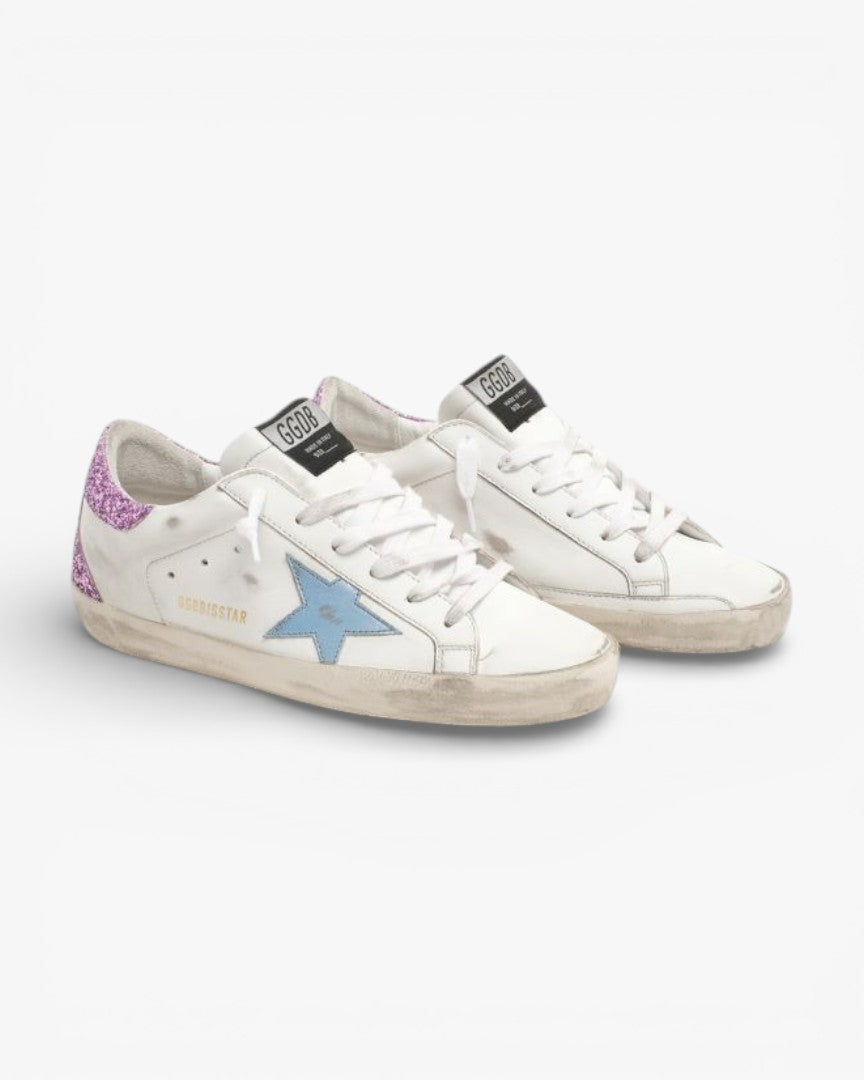 Golden Goose Super-Star Sneakers with Lavender Glitter Heel Tab