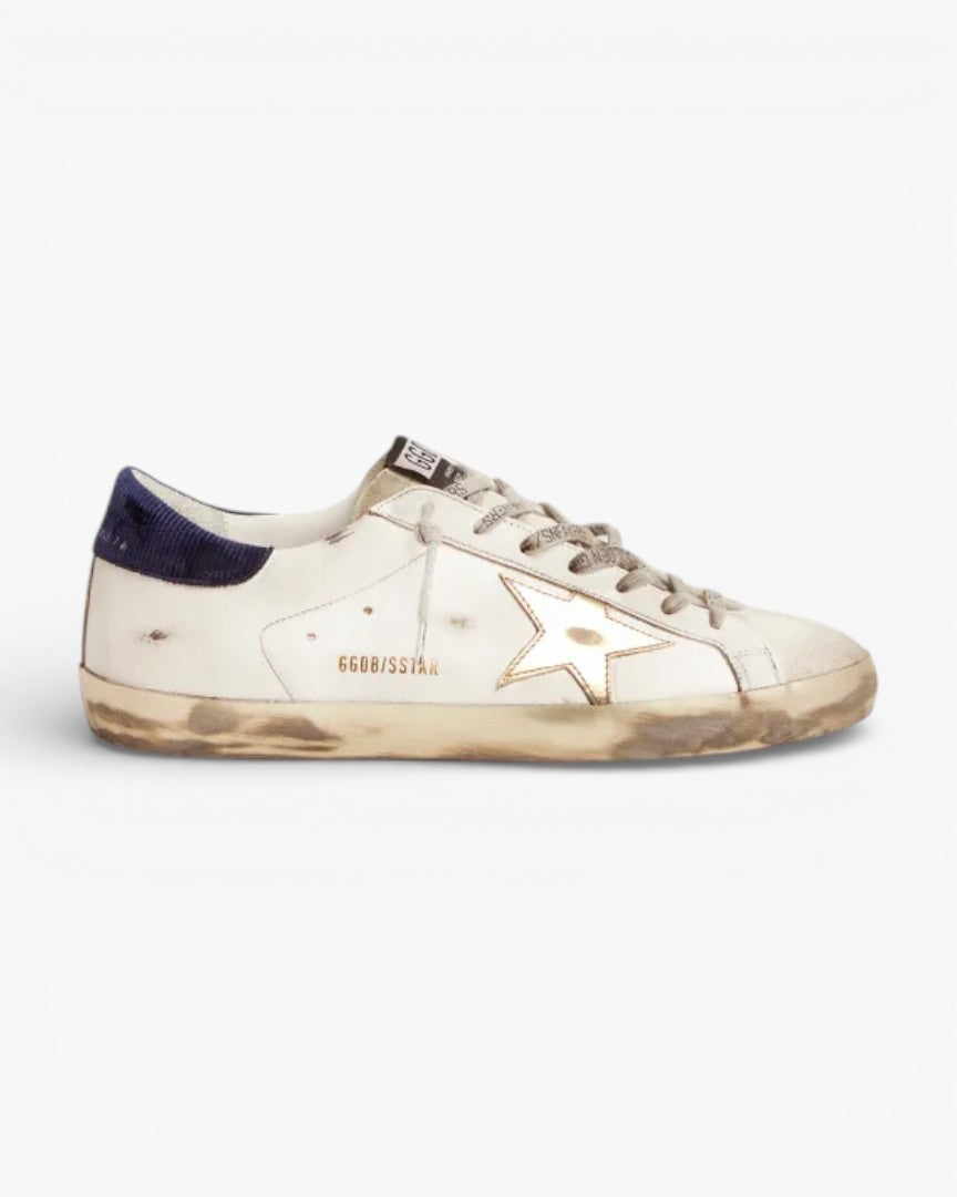 Golden Goose Super-Star Sneakers with Midnight-Blue Corduroy Velvet Heel Tab