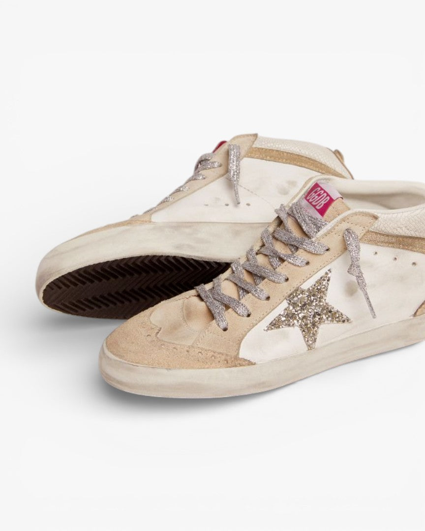 Golden Goose Mid Star LTD Sneakers Light Green Glitter Star Snake-Print Leather Insert