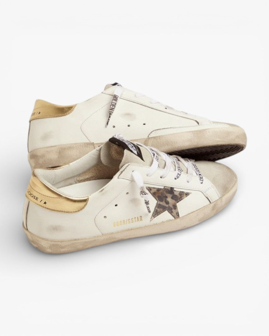 Golden Goose Super-Star White Sneakers with Leopard Star