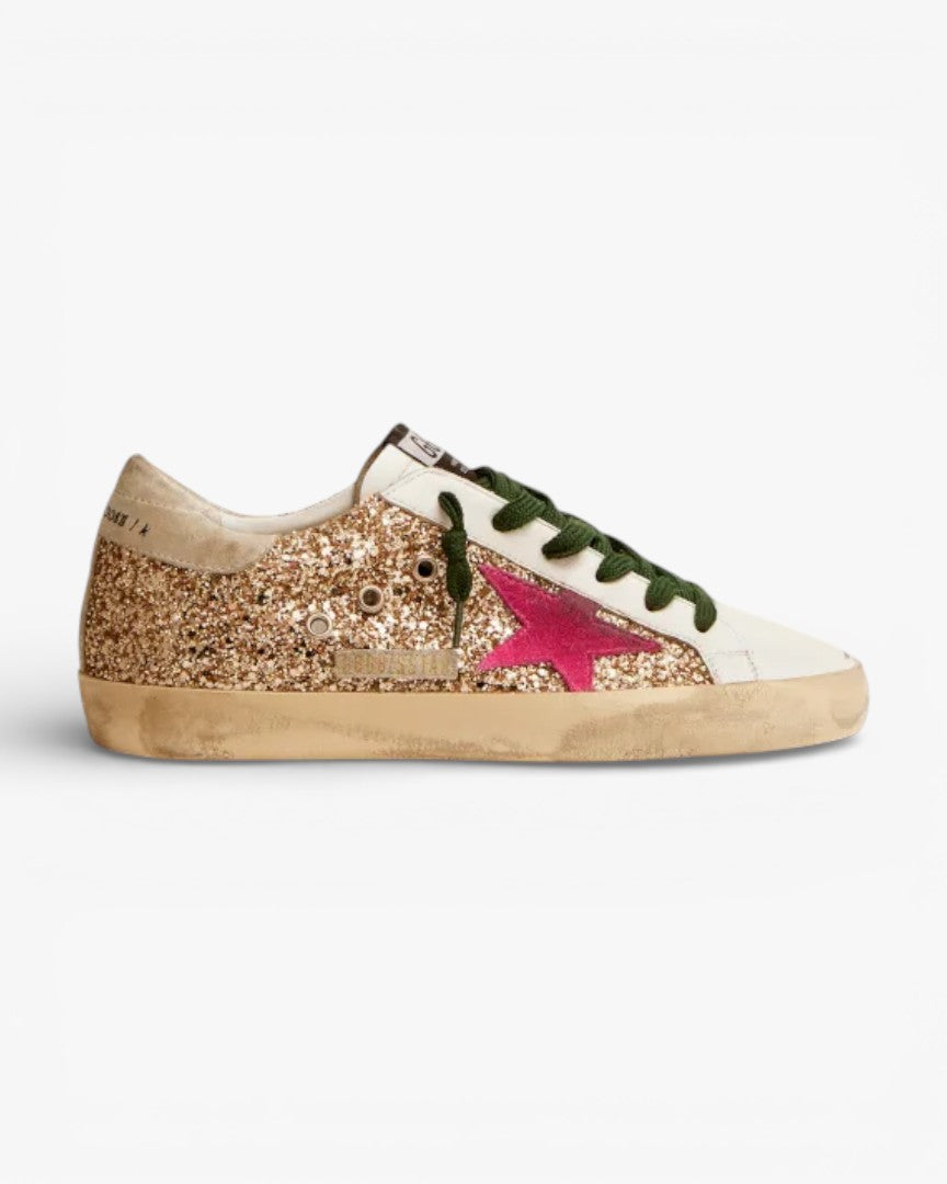 Golden Goose Super-Star Gold Glitter Sneakers with Pink Star
