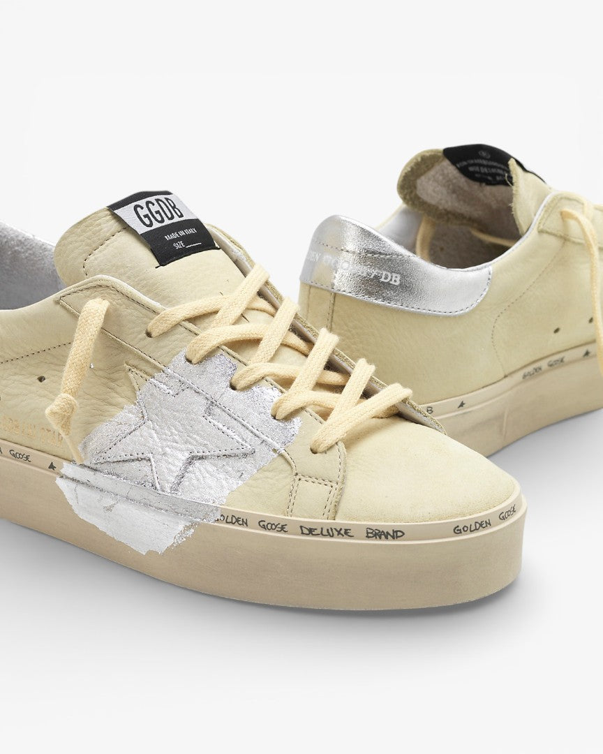 Golden Goose Hi-Star Sneakers G34WS945.C5 Lemon Nabuk Leather Real Silver Leaf Handwritten Branding