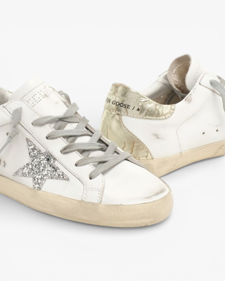 Golden Goose Super-Star Sneakers with Silver Glitter Star