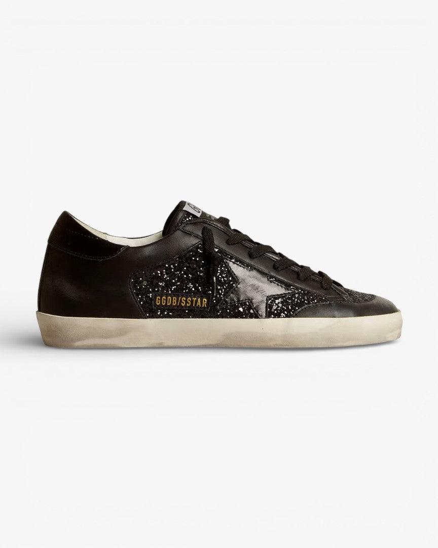 Golden Goose Women’s Super-Star Black Nappa Glitter Glossy Black Leather Star