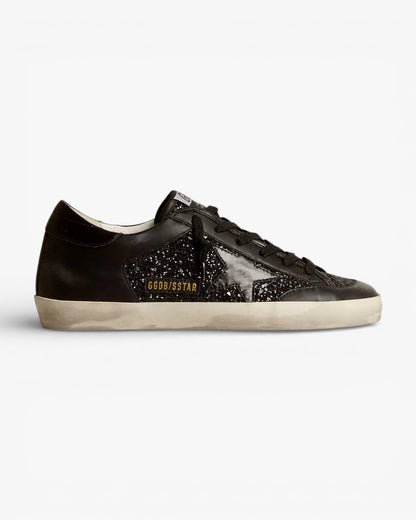 Golden Goose Women’s Super-Star Black Nappa Glitter Glossy Black Leather Star