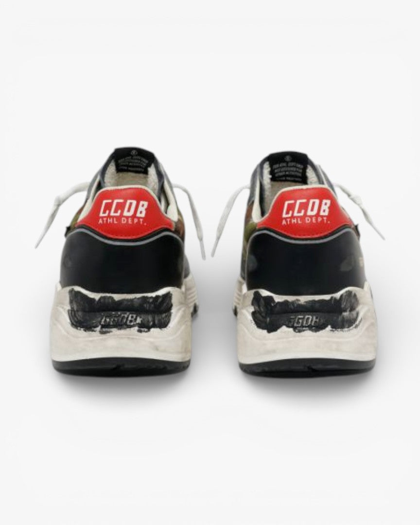 Golden Goose Camouflage Running Sole Sneakers Textured Nylon Red Heel Tab