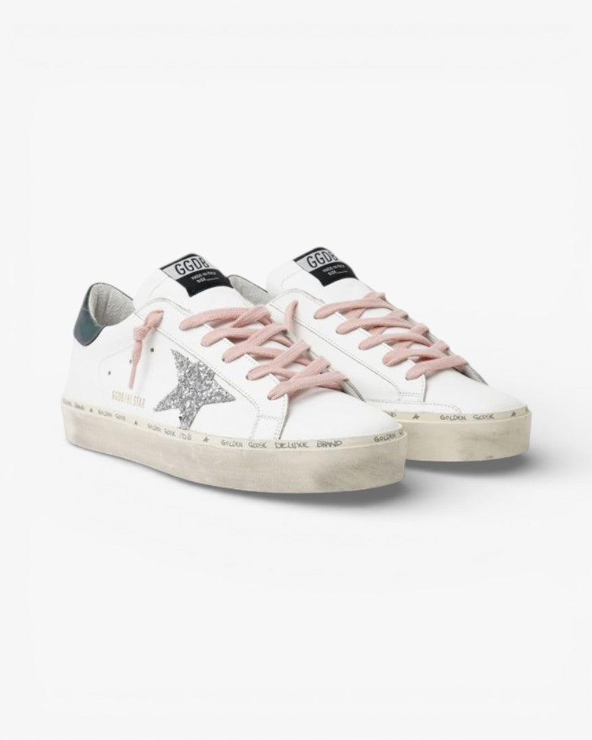Golden Goose White Hi-Star Sneakers Glittery Star Pink Laces
