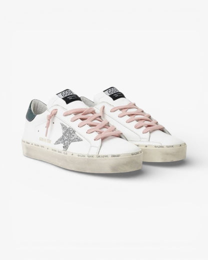 Golden Goose White Hi-Star Sneakers Glittery Star Pink Laces
