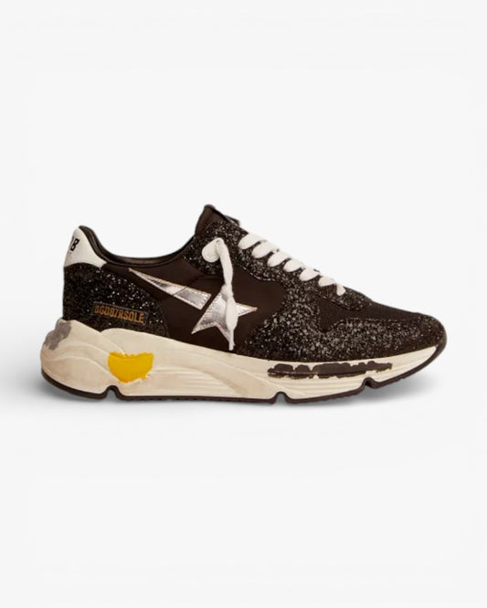 Golden Goose Running Sole Sneakers Black Nylon Glitter Silver Laminated Leather Star