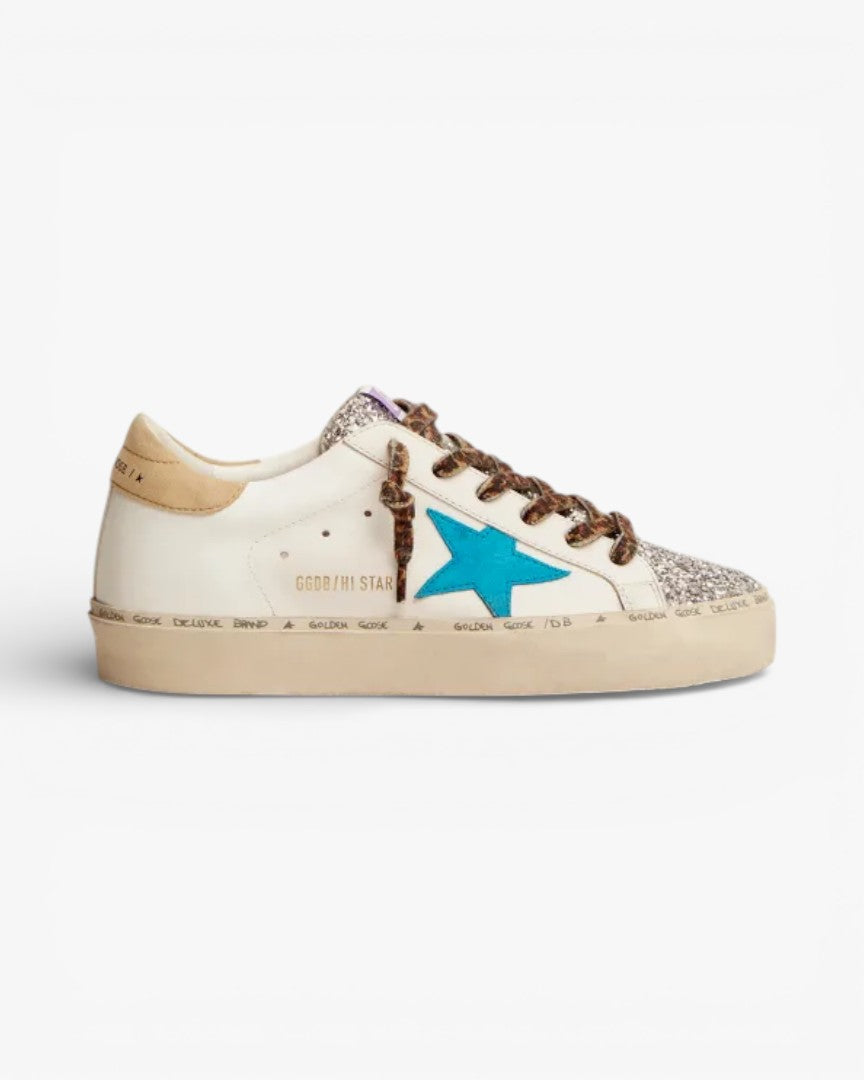 Golden Goose Hi-Star LTD Sneakers Silver Glitter Tongue Cyan-Blue Suede Star