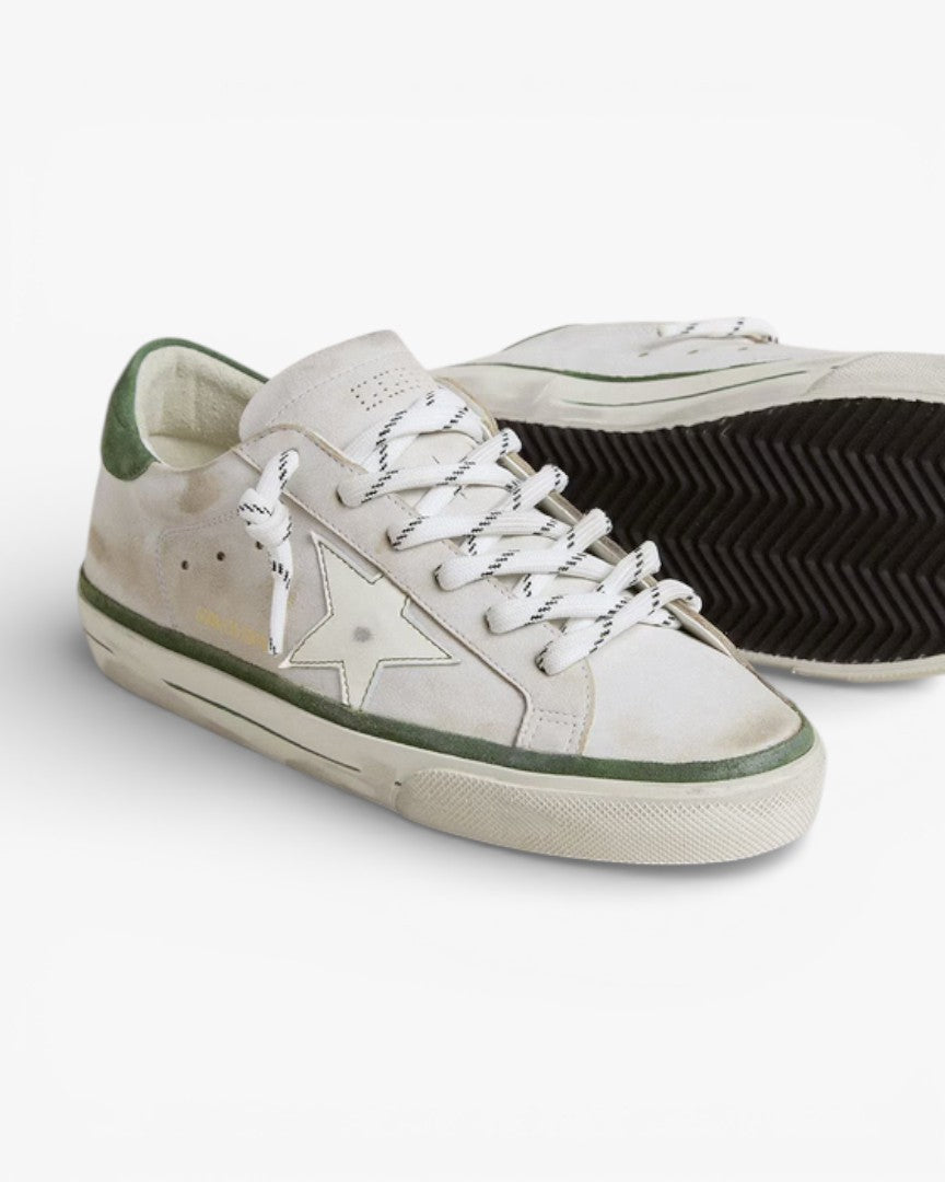 Golden Goose Women’s Super-Star LTD White Leather Star Green Suede Heel Tab