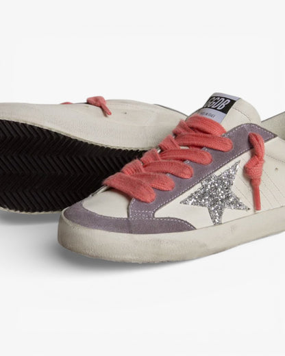 Golden Goose Women’s Super-Star Silver Glitter Star Lilac Suede Heel Tab