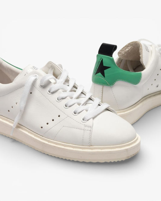 Golden Goose White Leather Starter Sneakers with Green Heel Tab