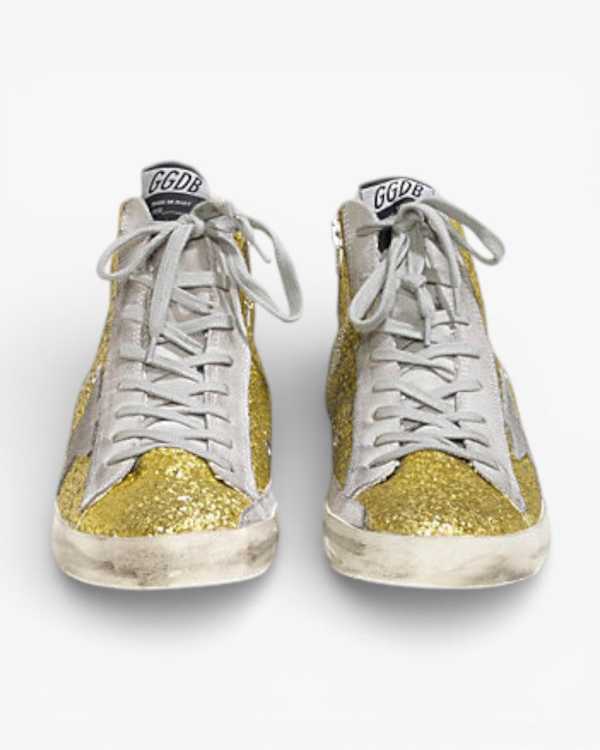 Golden Goose FRANCY Sneakers Pelle Splamata All Over Glitter Stella Camoscio Lime Glitter