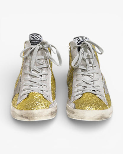 Golden Goose FRANCY Sneakers Pelle Splamata All Over Glitter Stella Camoscio Lime Glitter
