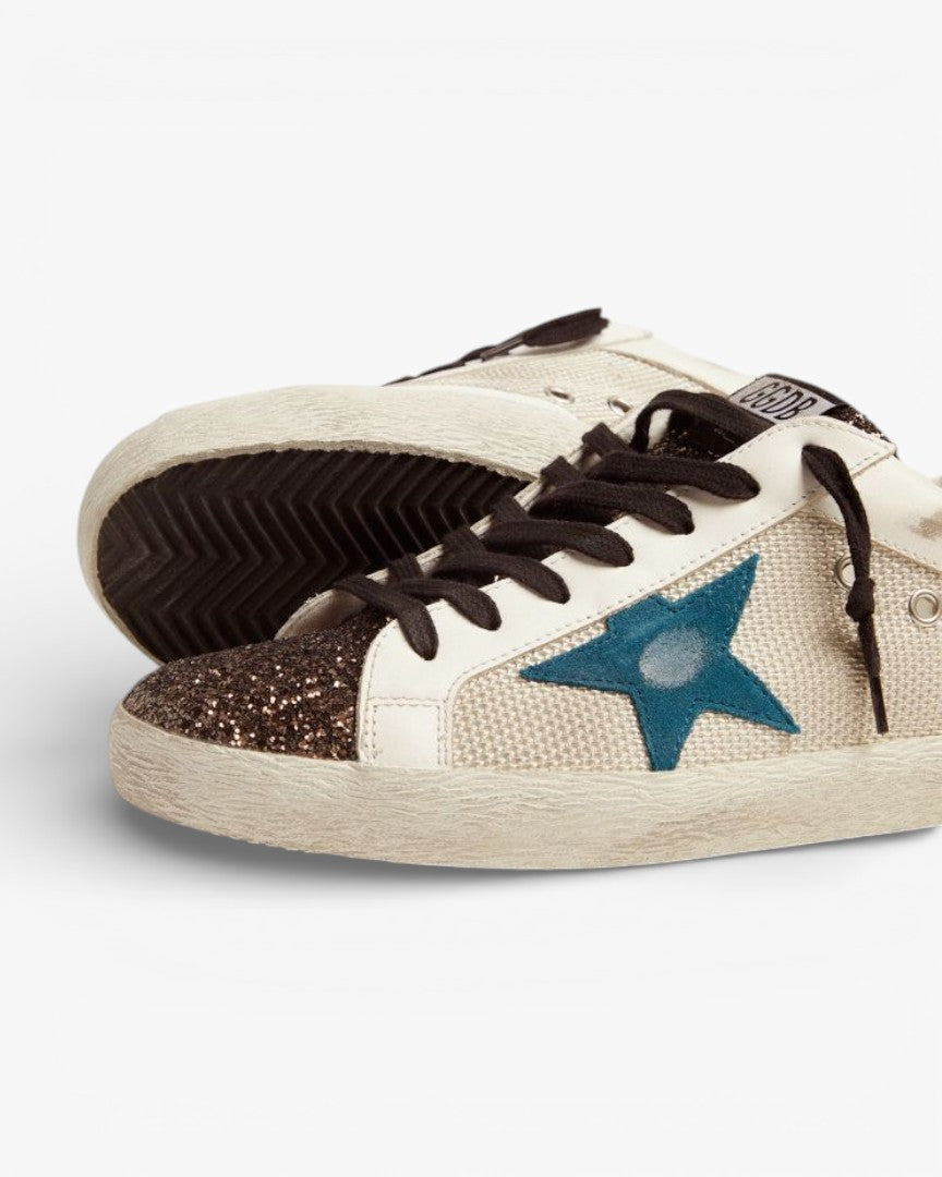 Golden Goose Super-Star Sneakers with Glitter Insert and Blue Storm Suede Star