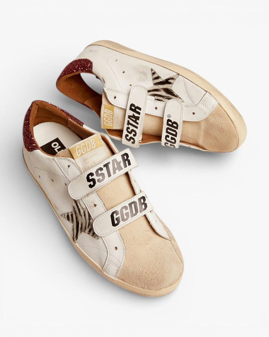 Golden Goose Old School Sneakers Zebra Pony Skin Star Red Glitter Heel
