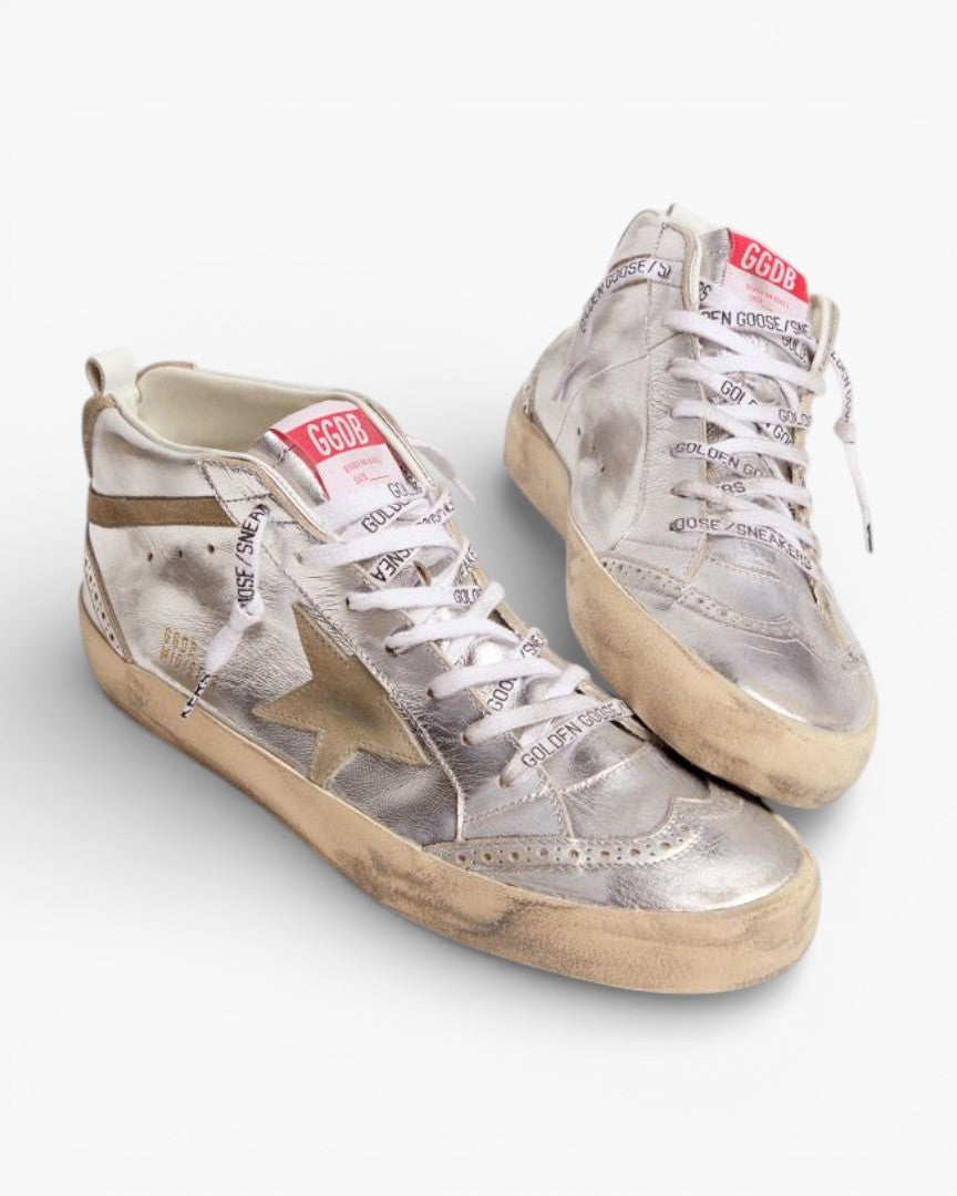 Golden Goose Mid Star Sneakers Silver Metallic Leather Dove-Gray Suede Star Flash