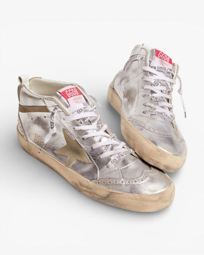 Golden Goose Mid Star Sneakers Silver Metallic Leather Dove-Gray Suede Star Flash