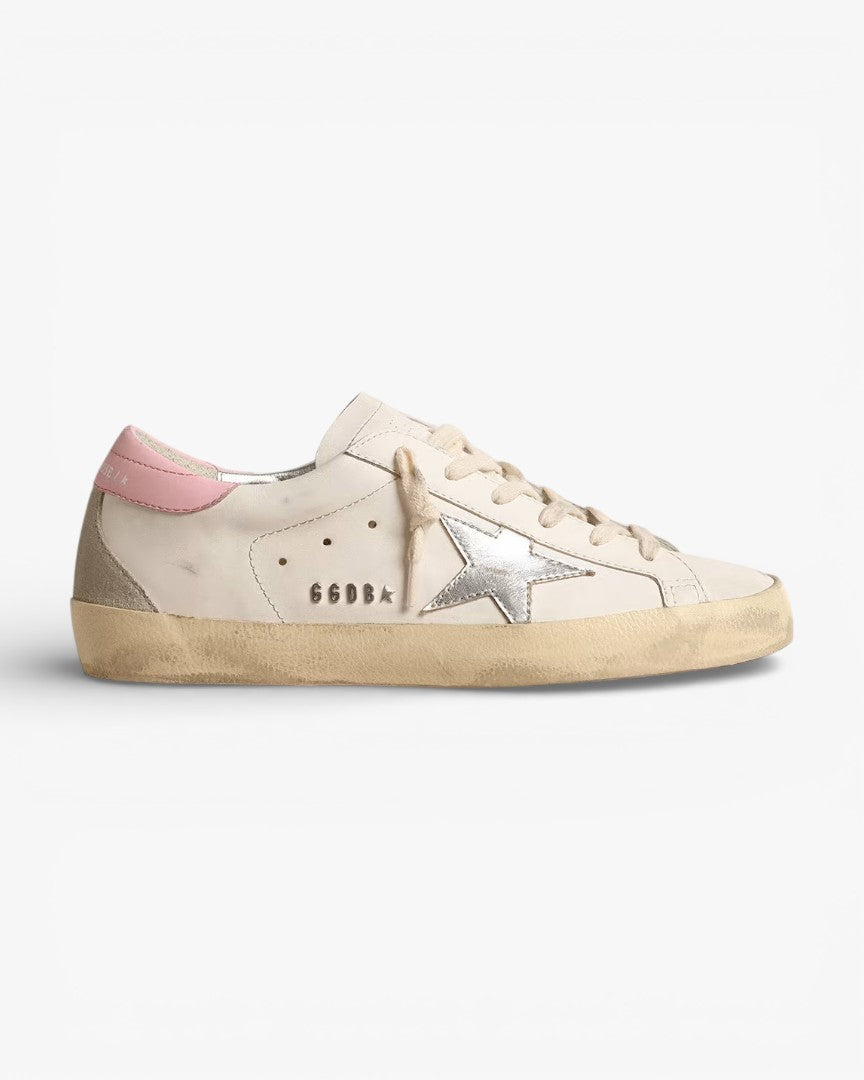 Golden Goose Women’s Super-Star Silver Leather Star Pink Heel Tab