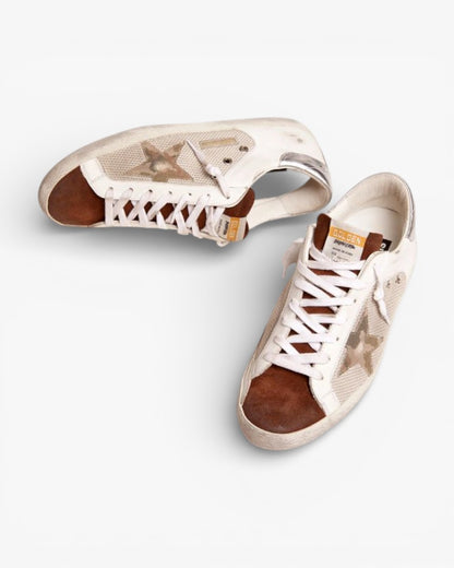 Golden Goose Super-Star White Sneakers with Silver Mesh