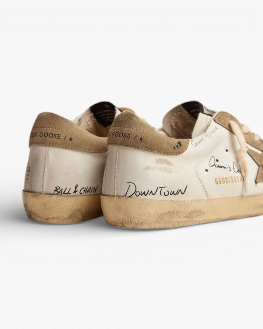 Golden Goose Super‑Star Sneakers White Leather Dove Gray Suede Black Lettering