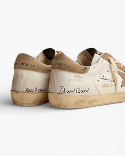 Golden Goose Super‑Star Sneakers White Leather Dove Gray Suede Black Lettering