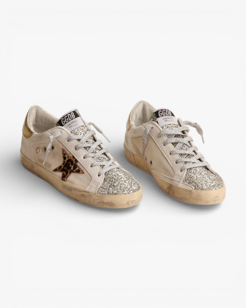 Golden Goose Super‑Star Sneakers Platinum Glitter Tongue Leopard Pony Skin Star