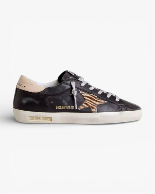 Golden Goose Women’s Super-Star Black Nappa Leather Zebra-Print Pony Skin Star Beige Leather Heel Tab