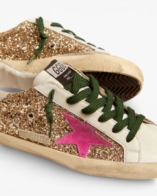 Golden Goose Super-Star Gold Glitter Sneakers with Pink Star