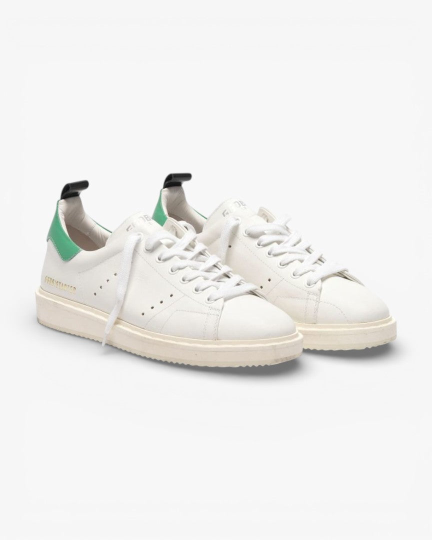 Golden Goose White Leather Starter Sneakers with Green Heel Tab