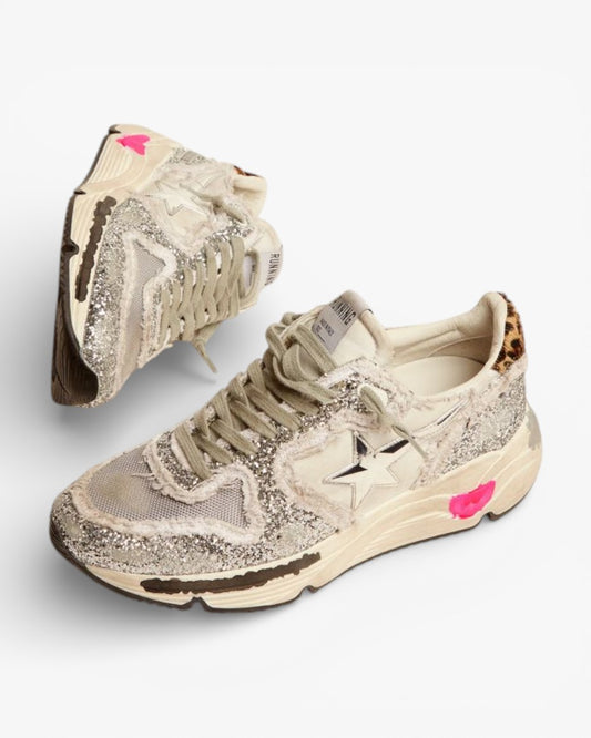 Golden Goose Running Sole Sneakers Nylon Silver Glitter Leopard-Print Pony Skin Heel Tab